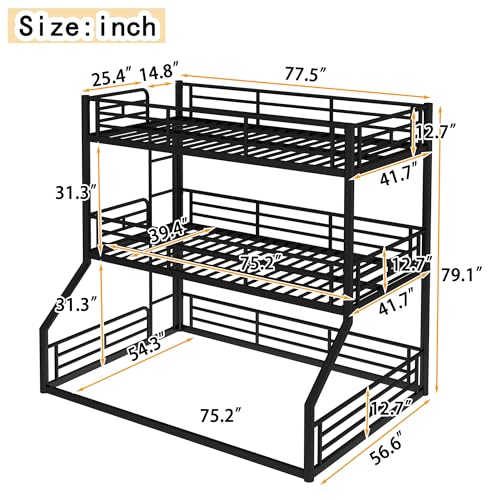 Image of Twin Over Twin Over Full Bunk Bed with Safety Guardrails, Modern Metal Triple Bed Frame for Kids, No Box Spring Required, Black