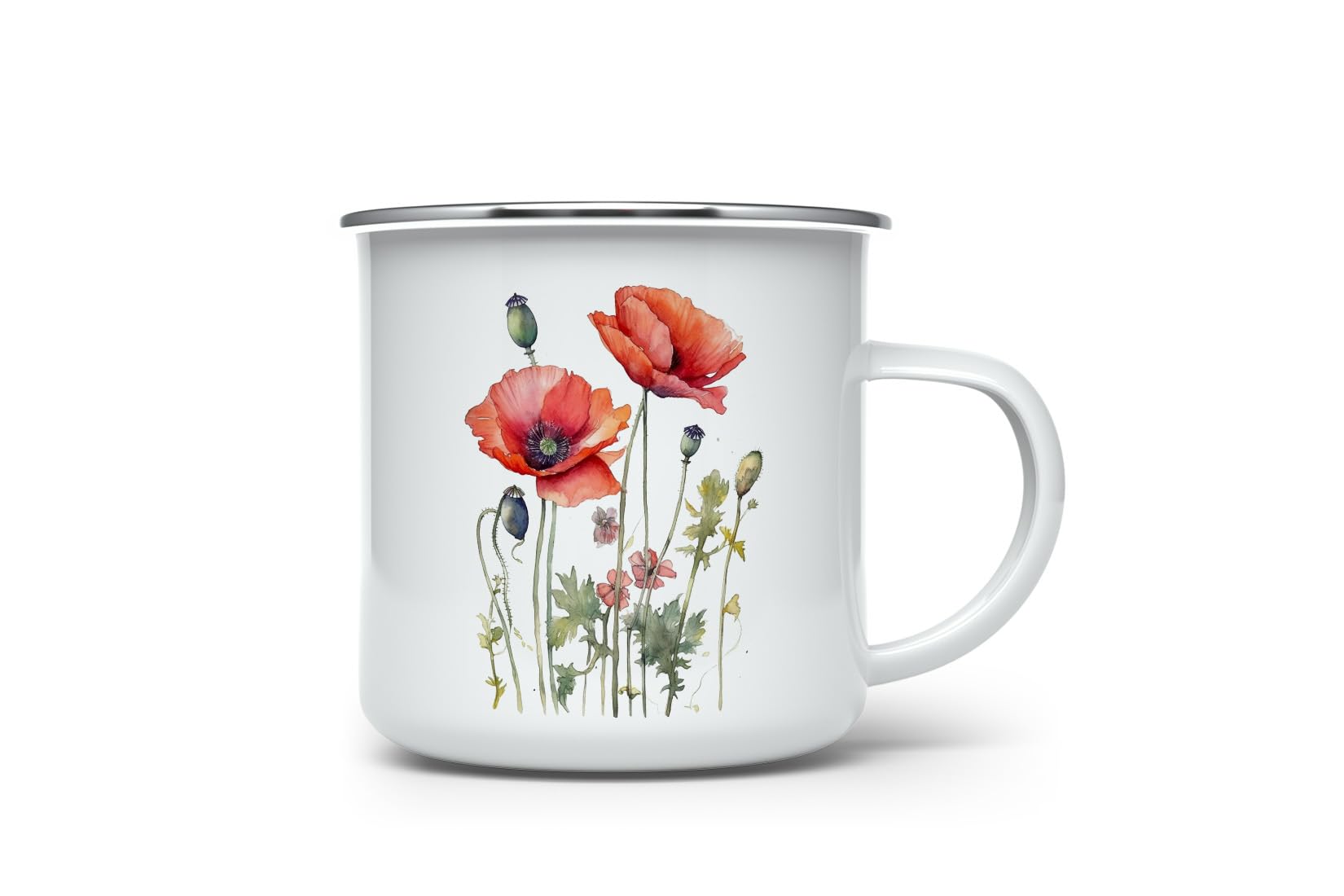 MAXIKIWI - Durable Enamel Coffee or Tea Camping Mug for Indoor Outdoor Use - Red Poppies Watercolor - 350ml