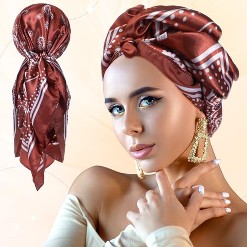 SATINIOR 35 Inch Silky Head Scarf 2 Pcs Large Square Neck Scarf Sleeping Hair Wrapping Satin Bandana for Women(Brown, Light Green,Ethnic Style)2