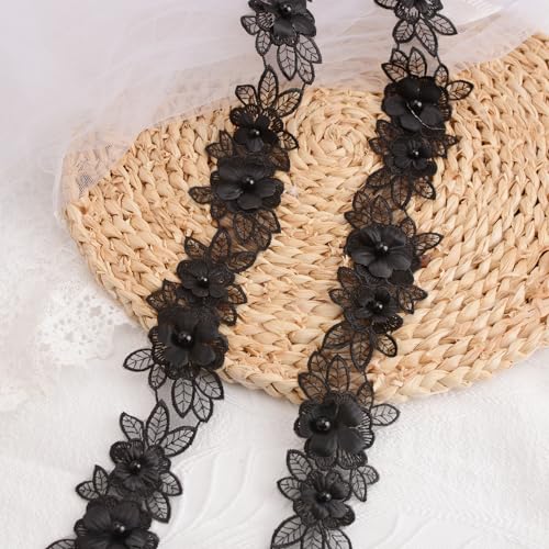 URROMA Black Floral Lace Trim, 2.18 Yards Organza Polyester Lace, 5.5cm Wide, Wedding & Special Occasions - Image 3