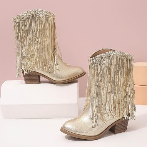 Kids Gold Cowboy Boots for Girls Sparkly Sequins Tassel Leather Western Cowgirl Boots Casual Mid Calf Riding Shoes3