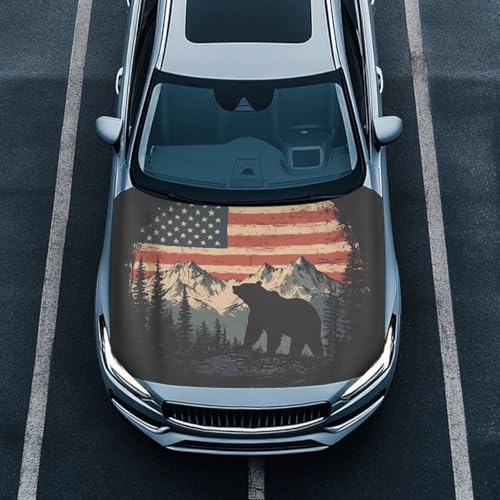 Image of Car Hood Flag Cover, A Decorative Windshield Snow Cover with American Flag Mountain Bear Design for Cars, Trucks, and Vans