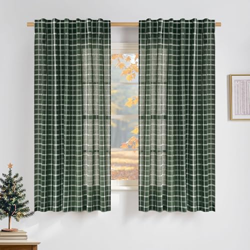 NICETOWN Hunter Green Linen Plaid Curtains for Kitchen, Linen Blend Light Filtering Buffalo Plaid Draperies for Nursery Decor, Rod Pocket & Back Tab S