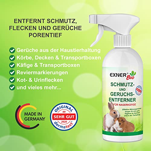 Exner Bio Geruchs- & Schmutzentferner für Nagerkäfige - Mit Mikroorganismen gegen KOT, Urin und Haustiergerüche 100% natürlich & schonend - 500 ml Sprühflasche