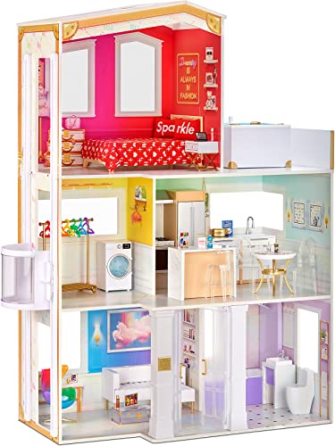 Rainbow High – Maison de poupée de 3 étages (Hauteur : 120 cm, Largeur : 90 cm), Entièrement meublée avec Baignoire Fonctionnelle, Douche, évier,...