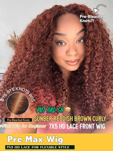 Image of 7x5 Curly Reddish Brown Glueless Wigs Human Hair Pre Plucked Pre Cut 16 Inch Put on and Go HD Lace Front Wig 180% Density Upgrade Bye Bye Slip Drawstring Curly Human Hair Finger Curls Wigs for Women
