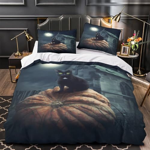 Housse de Couette Chat Citrouille 260x220 cm en Microfibre Douce pour Lit Super King