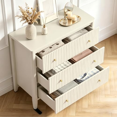 Image of Fatmok Fluted 3 Drawer Dresser for Bedroom, 34 inch Wide Chest of Drawers, Modern Wood Nightstand End Table with Metal Handles, Striped Storage Cabinet for Living Room, Hallway, Entryway, Alabaster White