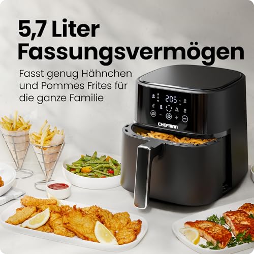 Chefman 5,7L Heißluftfritteuse, schnell & einfach, kompakte Heissluftfritteuse mit Hi-Fry Technologie, Touch Controls mit 4 Voreinstellungen, antihaftbeschichtet & spülmaschinenfest - Schwarz 3