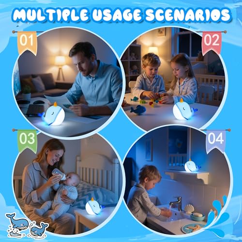 Image of Ammonite Blue Narwhal Night Light, Soft Silicone Whale Nursery Lamp with 3 Dimming Levels and 30-Minute Timer, Touch Control Nightlight for Bedroom Decor, Christmas Birthday Gift