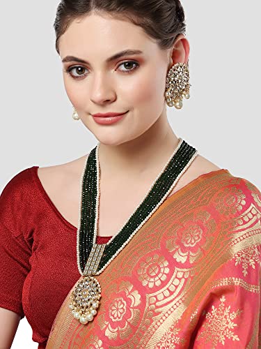 Image of Karatcart Gold Plated Green Crystal and Pearl Studded Kundan Rani-Haar Necklace Set for Women