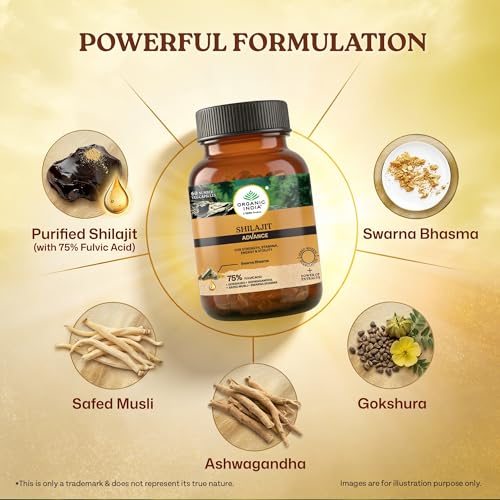 Image of Organic India Shilajit Advance Capsules, 60 Veg Capsules, 75% Fulvic Acid, With Ashwagandha, Gokshura & Safed Musli, Strength, Stamina, Energy & Vitality Support