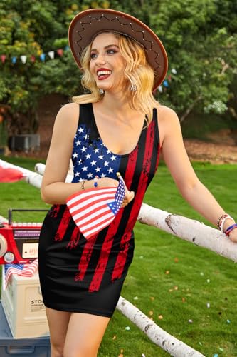 Image of For G and PL Women 4th of July American Flag Tank Dress Deep V Neck Stars Stripe Mini Patriotic Sleeveless Sundress
