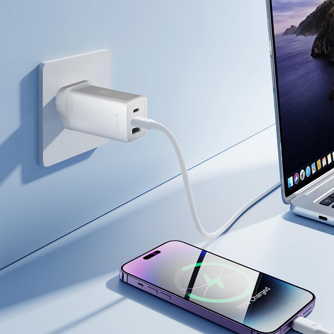 HUNE Huron 100 W, caricatore da parete triplo 2 USB-C e 1 USB-A, GaN e PPS, 100 W, ricarica rapida, plastica riciclata certificata, compatibile con laptop, tablet e cellulari