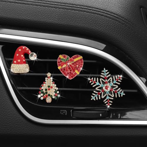 Lagnlnaoy Christmas Car Vent Clips, Crystal Rhinestone Holiday Decorations Set of 4, Santa Hat Snowflake Tree Heart Design