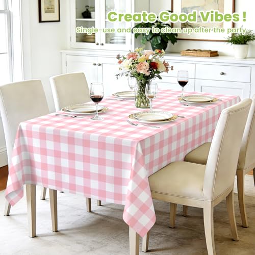 Image of Mulbozy 4 Pcs Pink Gingham Tablecloth 54 x 108 Inches Pink and White Checkered Table Cloth Disposable Plastic Waterproof Tablecover for Outdoor Picnic, Birthday Party, Holiday Dinner