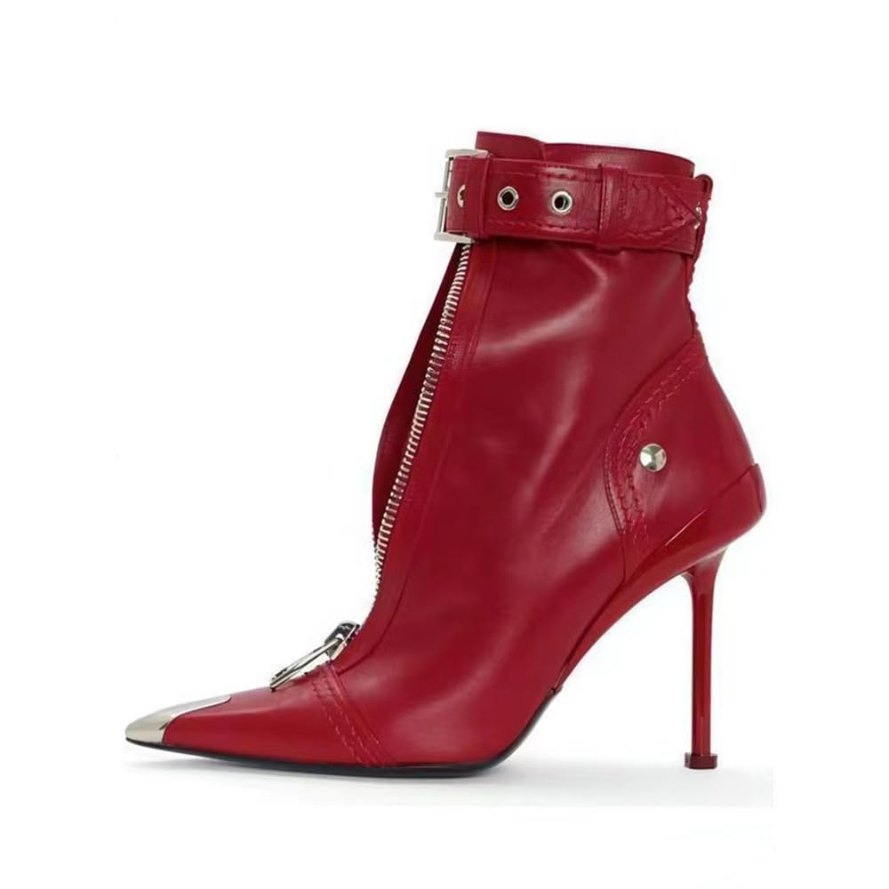 VERISSON Womens Pointed Steel Toe Stiletto Buckle Strappy Ankle Boots Zip up Grommets Fashion Shoes