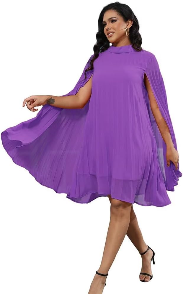 Women’s Casual Cape Sleeve Pleated Split Short Dress Loose Fit Cocktail Party Flowy Dress - Image 2