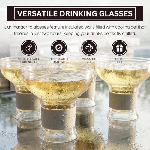 Image of Khen Frozen Margarita & Cocktail Chiller Glasses | Set of 4 | Cooling Cups 12 OZ Unbreakable Tritan Acrylic, Double Wall Acrylic Insulated to Keep your Drink Cool, Freeze Gel Glass Cup Silicone Holder