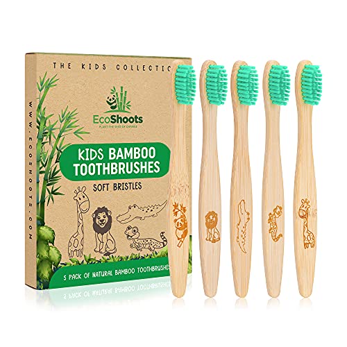 Image of EcoShoots Kids Bamboo Toothbrushes with Super Soft Bristles | Pack of 5 Kids Toothbrushes | Eco-Friendly Natural Wooden Childrens Toothbrush | Organic Biodegradable Handle | BPA Free Kids Toothbrush