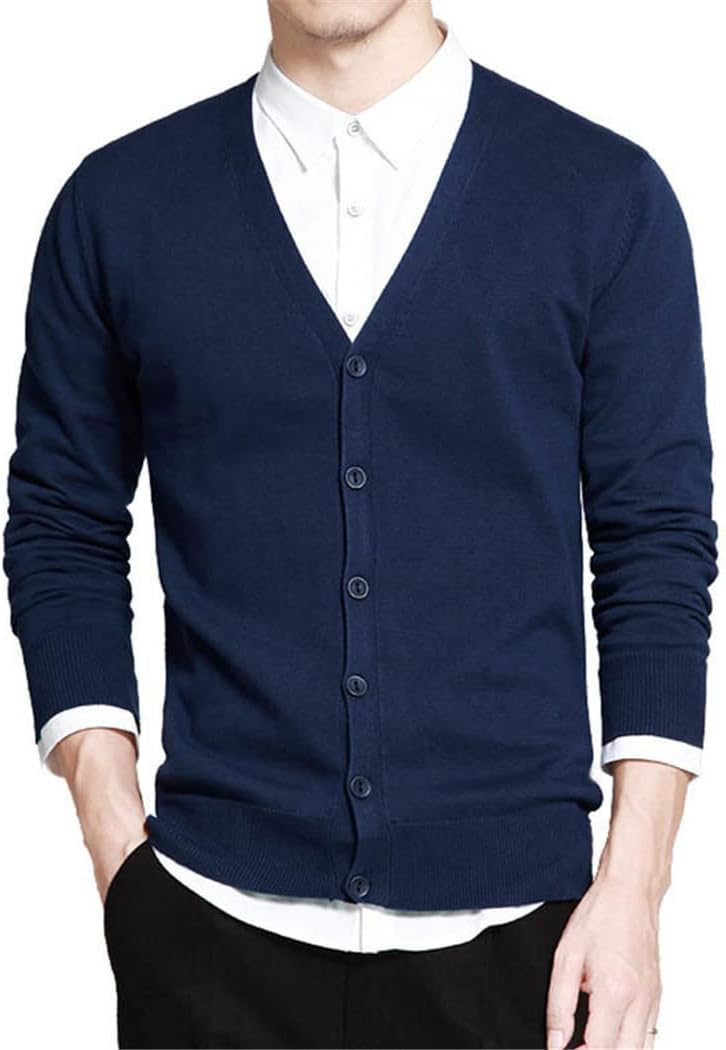 Cotton Cardigan Sweater Men Long Sleeve Knitted Cardigan V-Neck Solid Button Fit Casual Sweaters