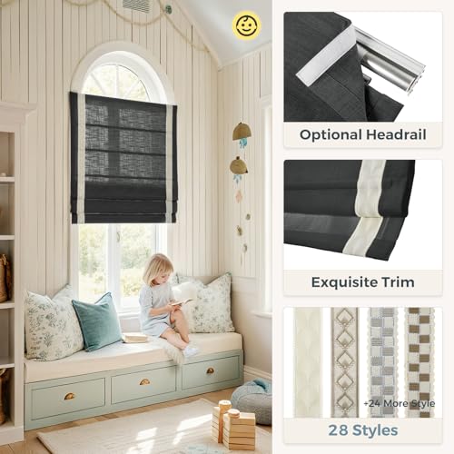 Image of TWOPAGES Liz No Drill Cordless Roman Shades Linen Textured Roman Blinds for Windows, Custom Made Room Darkening Blackout Roman Window Shades, Hardware Included, Black, 1 Piece