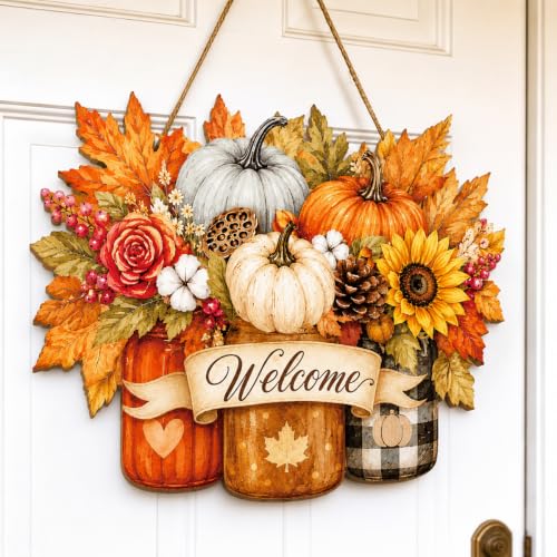 Fall Door Decor Wooden Pumpkin Door Hanger Welcome Sign for Front Door