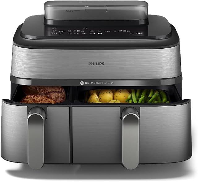 Philips 5000 Series 9,6qt (9L) Double panier tout-en-un Air Apéritif & Cuisinière à vapeur – 19 dans une fonction de cuisine, RapidAir Plus + La vapeur, propre à la vapeur (NA555/00)