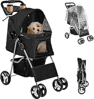 YITAHOME Pet Stroller, Foldable Cat Dog Stroller, Dog Pushchair, Dog Pram with Storage Basket Cup Holder Cushion Transparent Rain Cover, Dog Pram for Small Dogs Medium Dogs, Dog Buggy (Black)