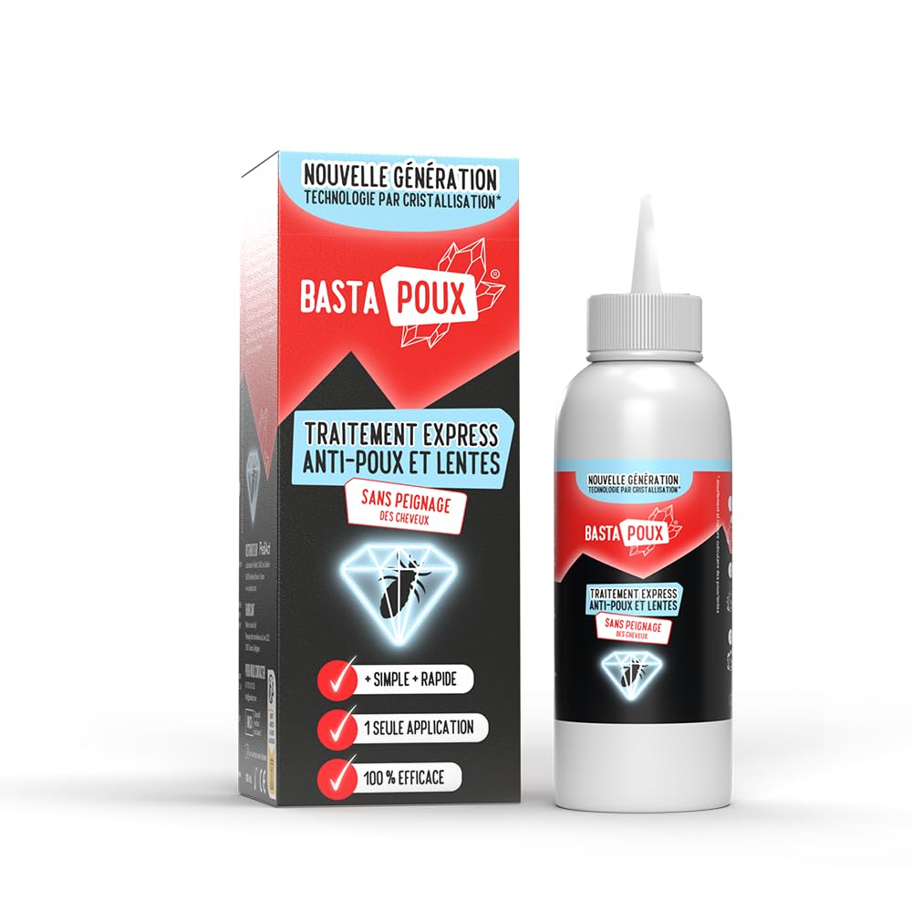 BastaPoux® Traitement Anti-Poux et Lentes – 1 Application Suffit – Actif Naturel Breveté Crystalysine® – Sans Peignage – Non Gras & Facile à Rincer – Enfants & Femmes Enceintes