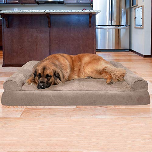 Image of Furhaven Orthopedic Dog Bed for Large Dogs w / Removable Bolsters & Washable Cover, For Dogs Up to 125 lbs - Plush & Suede Sofa - Almondine, Jumbo Plus /XXL