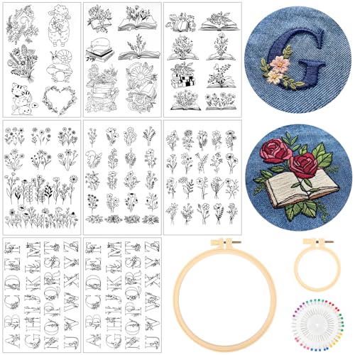 YPJXBEST Water Soluble Embroidery Patterns 8 Sheets 116Pcs Stick and Stitch Embroidery Patterns with Pre-Printed Alphabet & Flower Leave and Adjustable Hoop & Pin for T-Shirt Bag Towel