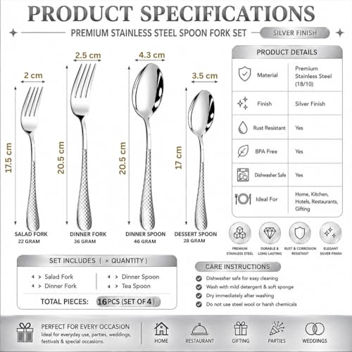 Image of Classic Silver 16 Pcs Stainless Steel Cutlery Set for Dining Table, Dishwasher Safe Glossy Flatware (Perfect Spoon Fork Set)