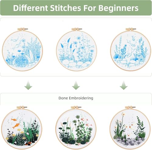 Image of GLTAYLMY Fish Embroidery Kit for Beginners Adults,3 Set Cross Stitch Kits with 1 Plastic Embroidery Hoops,Needles and Color Threads,Needlepoint Kit for Hand Embroidery Starter