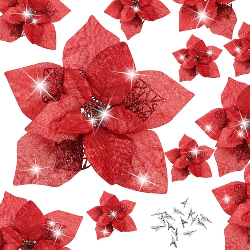 15 Pieces Christmas Glitter Poinsettia with Clips Christmas Poinsettia Decorations Artificial Poinsettia Flowers Ornament Christmas Flowers for New Year Wedding Home Decoration 8.7inch/22cm Red