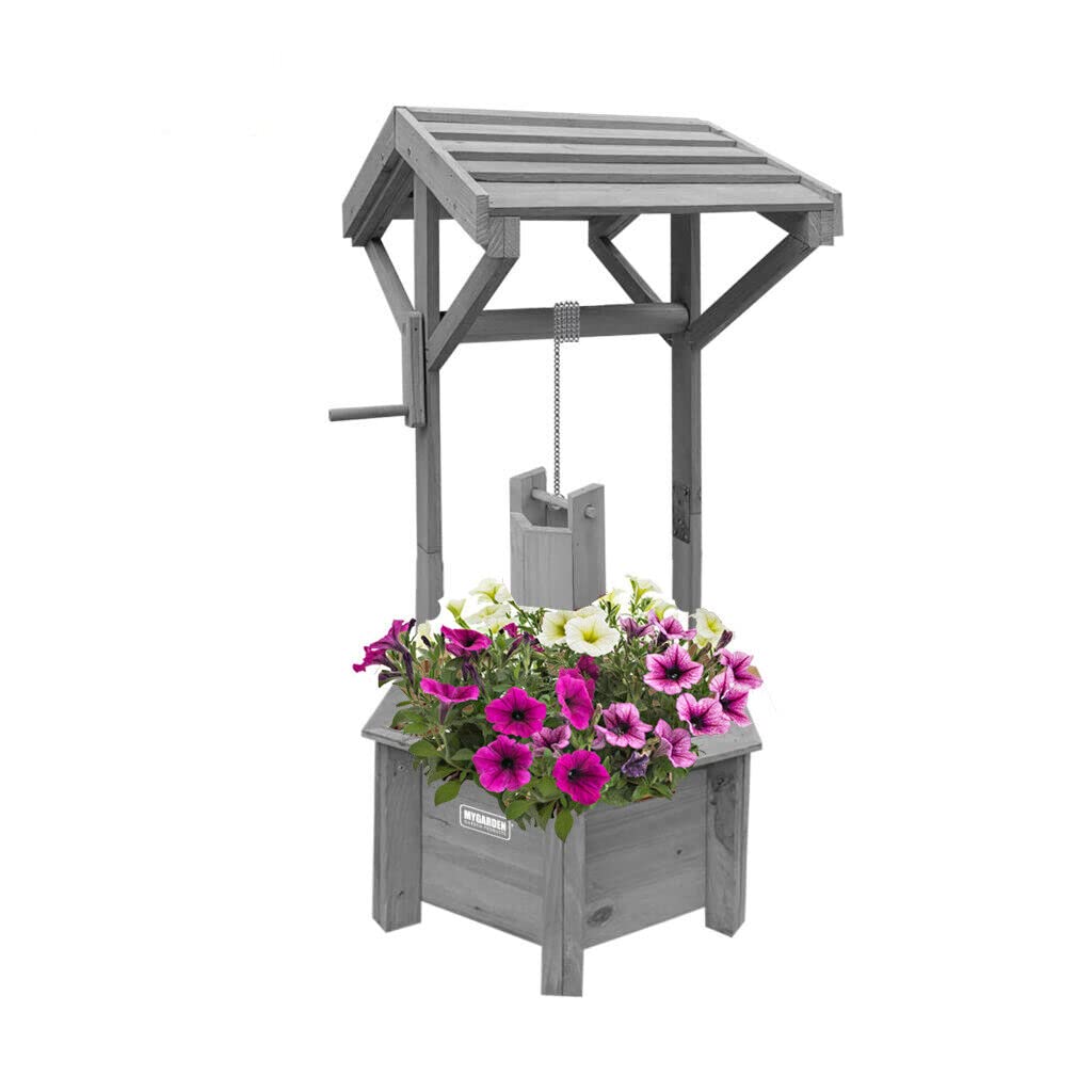Vivo Technologies Wooden Wishing Well Planter for Garden, Wishing Well Garden Feature Outdoor Flower Pot Backyard Decor, Grey