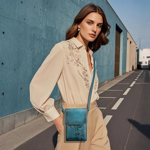 Image of Small Crossbody Bags for Women Trendy Vegan Leather Cell Phone Bag Embossed Flower Design Wallet Purses with Strap