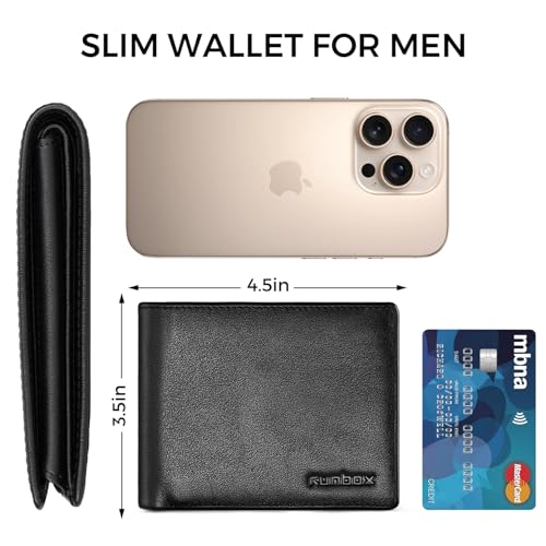 Image of RUNBOX Wallet for Men Leather RFID Blocking Bifold Front Pocket Wallet | Genuine Leather,Slim,12 Card Slots,2 ID Windows,2 Money Pockets, Gift for Men,Compact Travel Business Passport