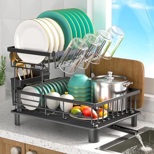 DPV Store Égouttoir à Vaisselle 2 Niveaux en Acier Inoxydable – Antirouille & Durable – Avec Plateau d’Égouttage , Bec 360°, Porte-Couverts – Gain de Place - Organisateur Cuisine - 43×33×33 cm