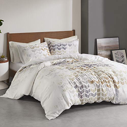 Inspire By Intelligent Design Reversible 100% Cotton Sateen Duvet - Breathable Comforter Cover, Modern All Season Bedding Set With Sham (Insert Excluded), Cape, Chevron Grey Full/Queen(90"X90") #TOP19