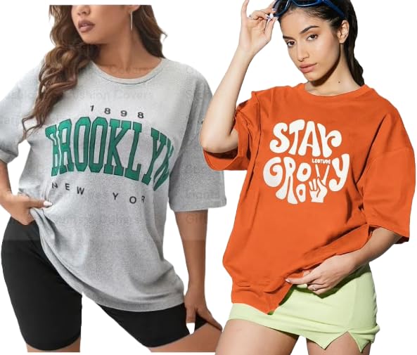 Image of DIAZ Women's Cottonblend Half Sleeve Oversized Drop Shoulder T-Shirt-Pack of 2