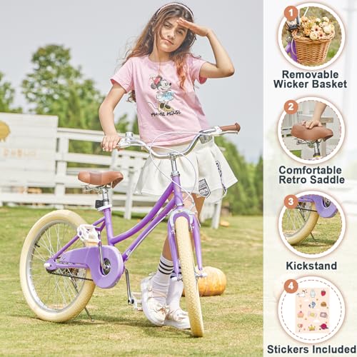 Image of Petimini Vintage Kids Bike for Girls, 12-20 Inch Classic Bicycle with Wicker Basket & Bell, High Tensile Steel Frame, Training Wheels (12-18 inch), 85% Pre-Assembled, Retro Bike for Outdoor Riding