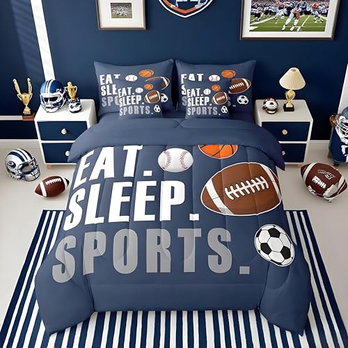 Image of Feelyou Sports Comforter Set 7 Pieces King Size Boys Bedding Set Kids Football Basketball Baseball Soccer Bed in A Bag with Sheets, Pillow Covers, Pillowcases, Navy Blue Sports Game Comforter