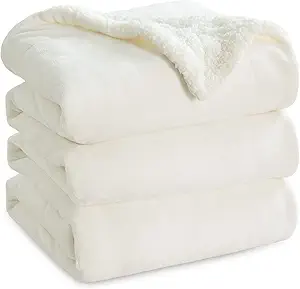 Bedsure GentleSoft Sherpa Fleece Blankets Queen Size for Bed - Thick and Warm, Soft Fuzzy Plush Queen Blanket for Winter, Cream, 90x90 Inches