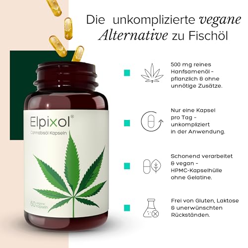 Elpixol® Hanföl Kapseln - Cannabisöl Kapseln hochdosiert mit Omega 3-6-9 (60 Stück) - 100% Hanfsamenöl Nativ und Kaltgepresst - 500mg veganes Cannabis Öl pro Kapsel - Laborgeprüft & Natürlich