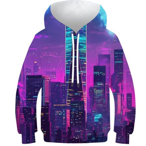 Sweat à capuche enfant Neon City Moonlight en style 3D pour filles et garçons de 9 à 11 ans