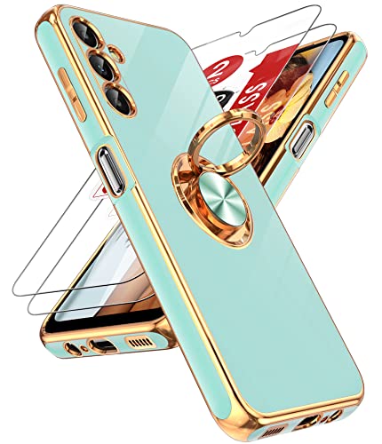 Coque Samsung A14 5G anneau rotatif 360 et verre trempé antichoc menthe