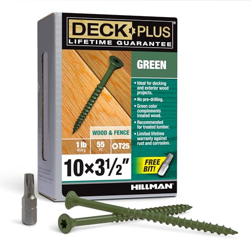 Image of Deck Plus 3-1 /2 Inch Epoxy Coated Exterior Wood and Fence Screws #10 x 3-1 /2 inch Torx /Star Drive Included Coarse Thread, Outdoor Rust Resistant Decking Screw, Green, 1lb Box, 55 Pieces | 48407