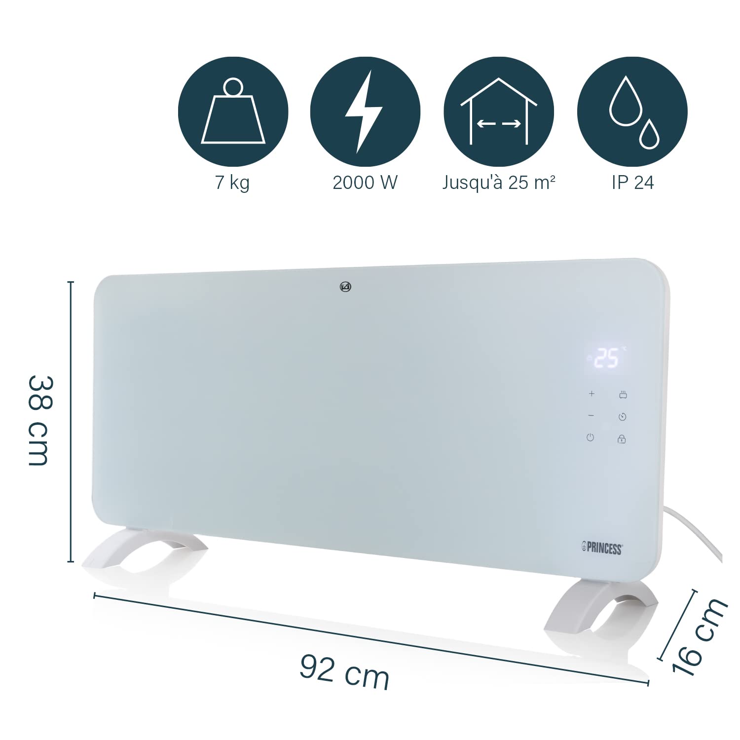 Princess radiateur électrique connecté - Chauffage à convection - Contrôle manuel, via app ou vocal - Appli gratuite - Panneau en verre - 2 000 W - Blanc - 348201