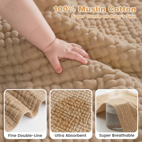Image of Muslin Hooded Baby Towels 2-Pack, 6-Layer 100% Cotton Baby Bath Towels for Newborns, Infants and Toddlers, Large 32 x 32 Inch, Ultra-Soft, Highly Absorbent Hooded Bath Essentials, Beige & Coffee